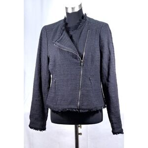 J.Crew Navy Blue Tweed Asymmetrical Zip Moto Jacket Fringe Trim Womens 12 Tall